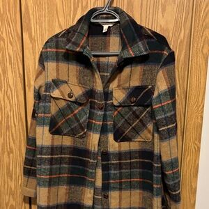 Plaid Button-Front Shacket in Tan and Green